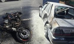 Kuşadası’nda otomobille çarpışan motosiklet alev aldı