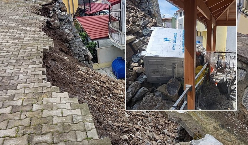 Çöken istinat duvarı evlere zarar veriyor